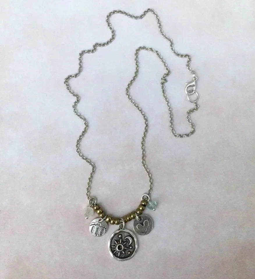 AQUAMARINE MOONSTONE SUNDANCE CHARM NECKLACE ARTISAN OXIDIZED SILVER JEWELRY NEW