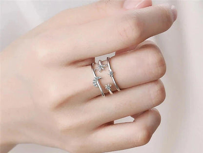 Crystal Moon Star 925 Silver Rings Adjustable Rings