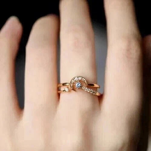 Delicate Moon Star Ring 1Ct Round Cut Simulated Diamond 14k Yellow Gold Plated