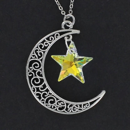 CRESCENT MOON with Crystal Star Necklace on Chain Sparkling Clear AB Aurora NEW