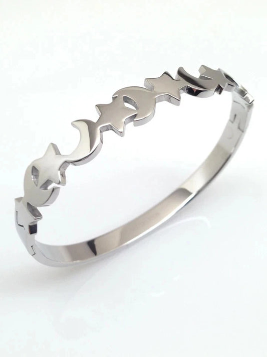 Plain Stainless Steel Silver Star and Moon Bangle Bracelet Womens 6.63" 9mm