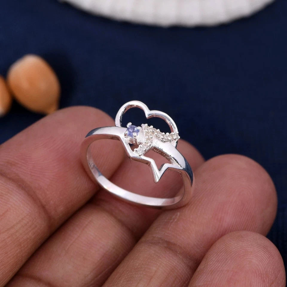 Elegant Love Heart & Star Ring in 925 Silver With Tanzanite For Christmas Gift