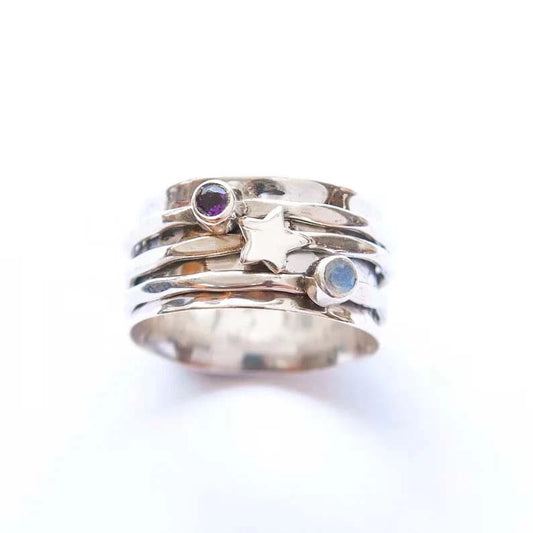 925 Sterling Silver Star Spinner Ring with Rainbow Moonstone Ring Gift For Her