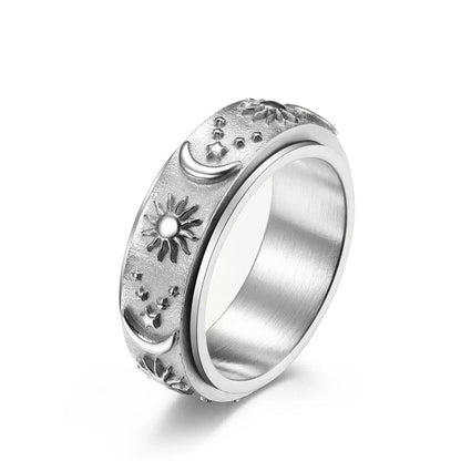 Stainless Steel Rotatable Sun Moon Star Ring Silver/Gold/Black