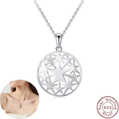 European Sparkling AAA CZ Stars S925 Sterling Silver Necklace For Women