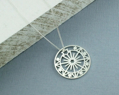 925 Sterling Silver Sun & Stars Disc Pendant Necklace