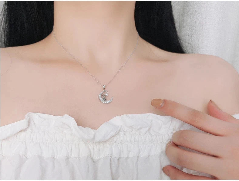 Crescent Moon Cat CZ Star Pendant Necklace 925 Sterling Silver Jewelry Women K77