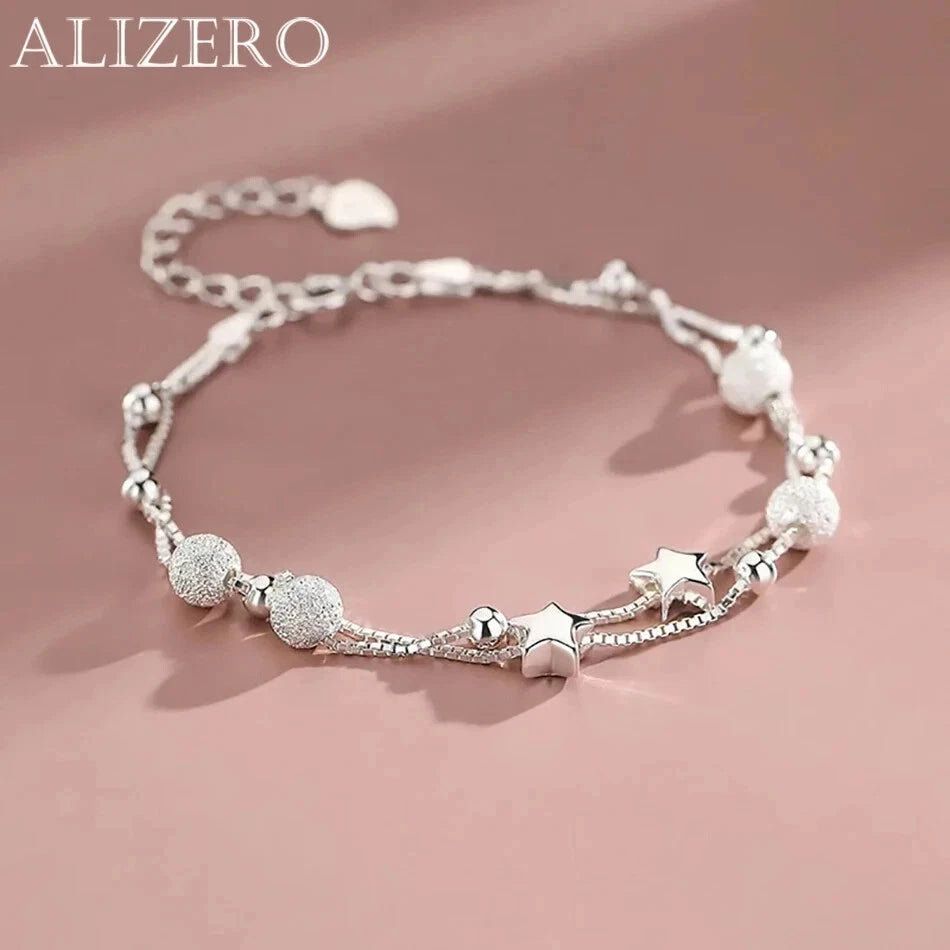 ALIZERO 925 Sterling Silver Frosted Beads Stars Bracelets Chain Women Jewelry