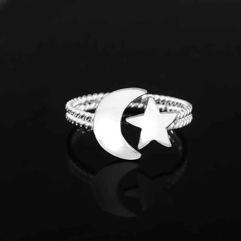 Star Moon Ring 925 Sterling Silver Band& Statement Ring Handmade Ring All Size