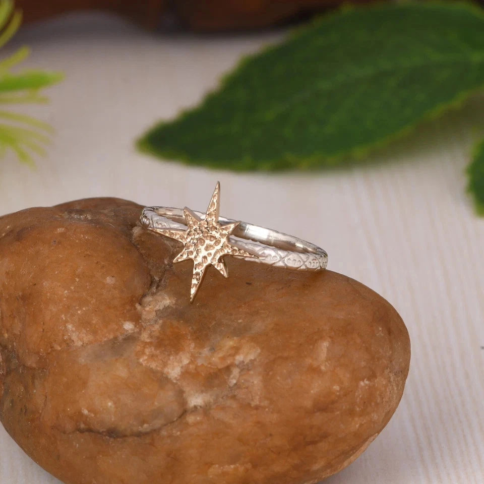 Handmade Textured Design 925 Sterling Silver & Gold Plated With Star Shape Ring