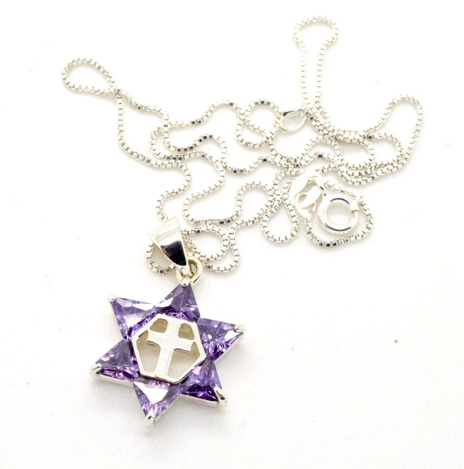 Star of David with the cross pendant purple CZ 925 sterling silver 18" NECKLACE
