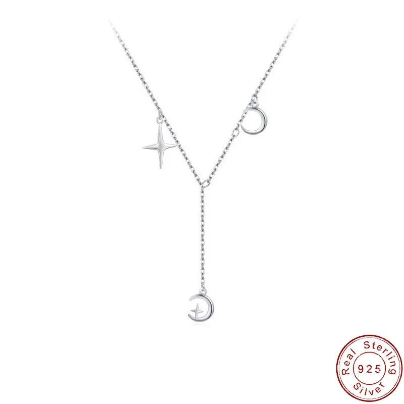 Radiant Stars and Moon S925 Sterling Silver Necklace Clavicular Chain For Women