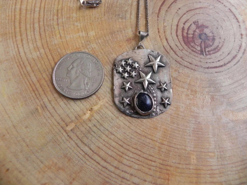 Blue Goldstone & Sterling Silver Pendant w STARS design on Silver Necklace 18.5"