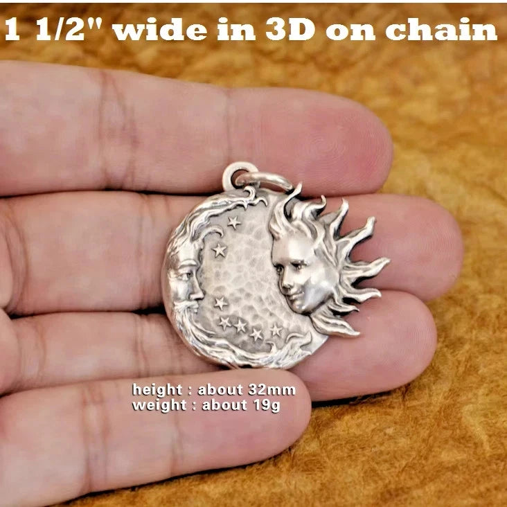 MOON SUN FACE STARRY STAR CELESTIAL Pendant 925 Sterling Silver 26" Necklace