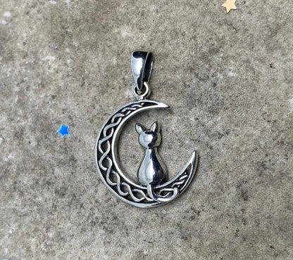 Sterling Silver Moon Cat Pendant Necklace, Cat Jewelry, Moon and Stars