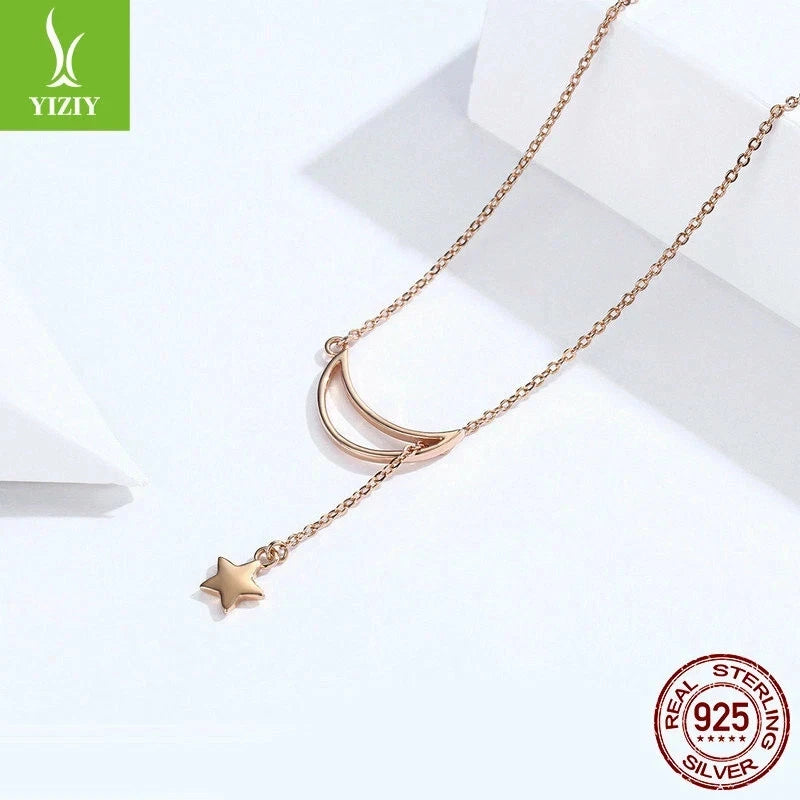 Authentic Moon Star 925 Sterling Silver Necklace Women Chain Rose Gold Jewelry