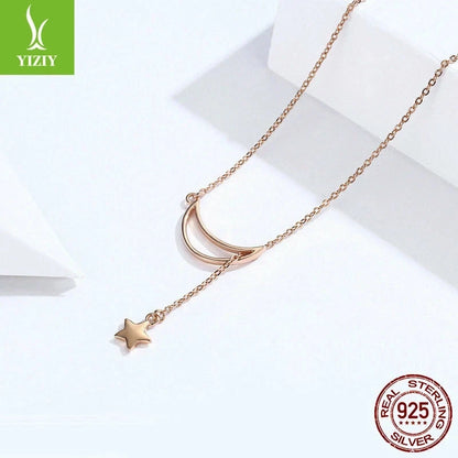 Authentic Moon Star 925 Sterling Silver Necklace Women Chain Rose Gold Jewelry