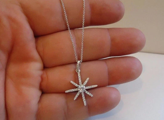 925 STERLING SILVER STAR DESIGN PENDANT NECKLACE W/ 1 CT LAB CREATED DIAMONDS