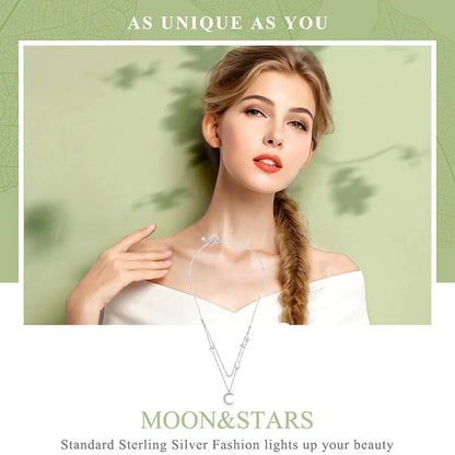 BAMOER S925 Sterling Silver necklace chain Moon&stars With CZ For Women Jewelry