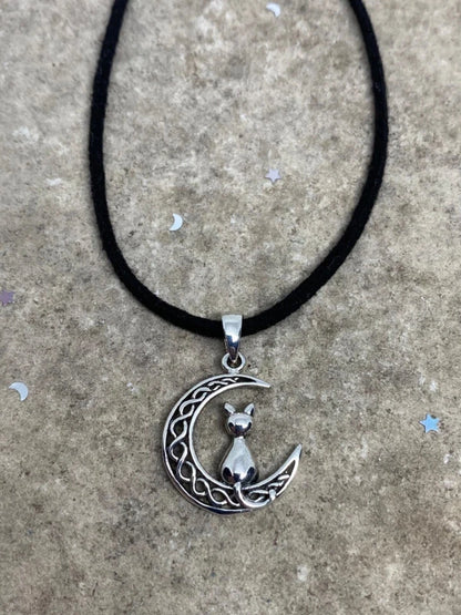 Sterling Silver Moon Cat Pendant Necklace, Cat Jewelry, Moon and Stars