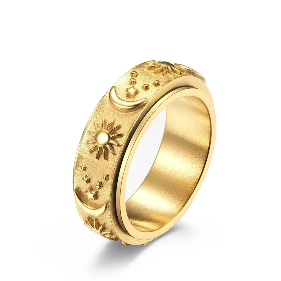 Stainless Steel Rotatable Sun Moon Star Ring Silver/Gold/Black