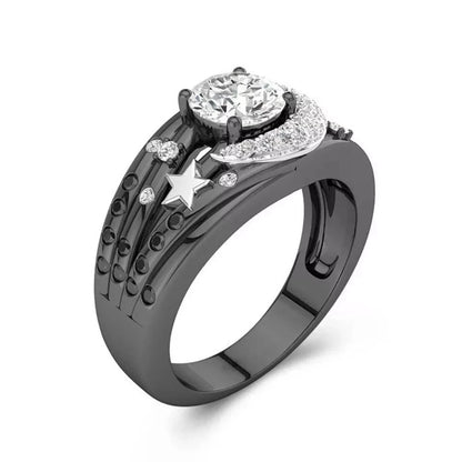 Gothic Moon Star Wedding Band Unique Moon Ring Women Round Cut Engagement Rings