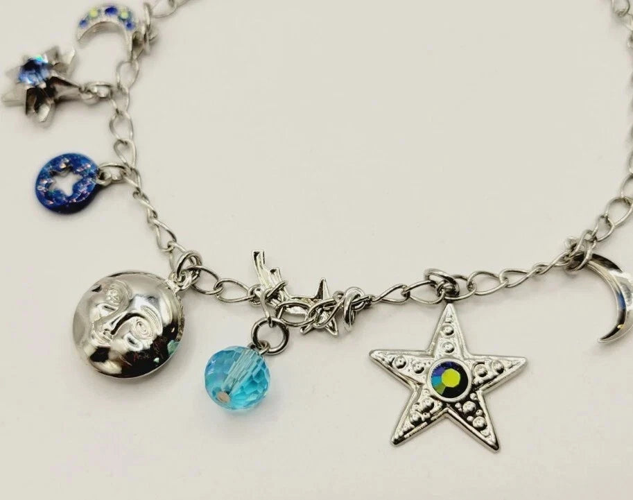 Kirks Folly Moon & Stars Ankle Bracelet Silver tone 10" Crystal