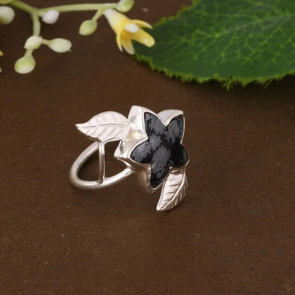 Designer Star Shape Snowflake Obsidian With Olive Leaf Silver Engagement Ring
