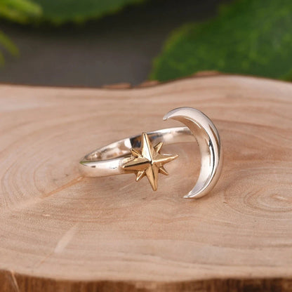 Handmade Crescent Moon & Star 925 Silver Gold Plated Ring For Christmas Gift