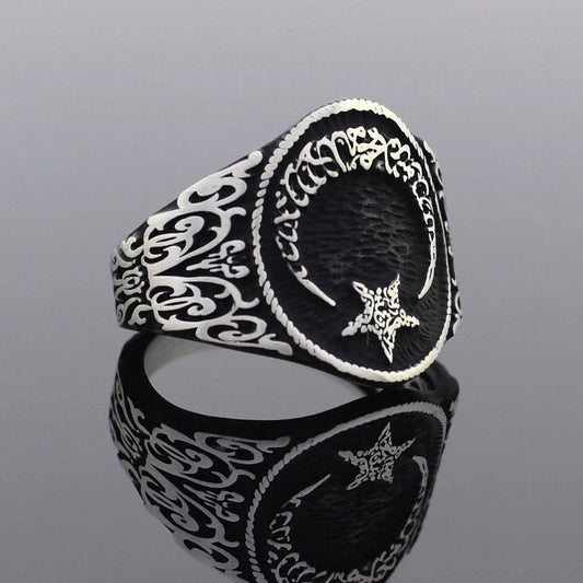 Solid 925 Sterling Silver Crescent Moon Star the Word Tawheed Islamic Men's Ring
