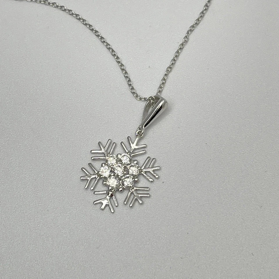 Necklace Silver Snowflake Design with Cubic Zirconia Sterling 925 18”