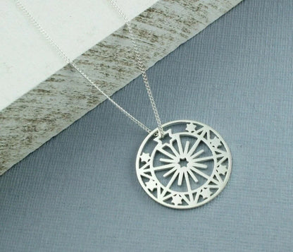 925 Sterling Silver Sun & Stars Disc Pendant Necklace