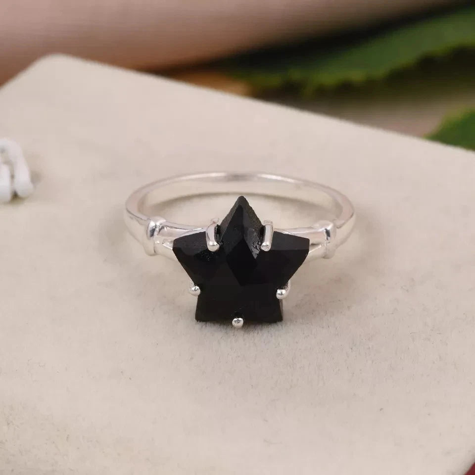 Gorgeous Star Black Onyx 925 Sterling Silver Prong Set Engagement Ring For Gift