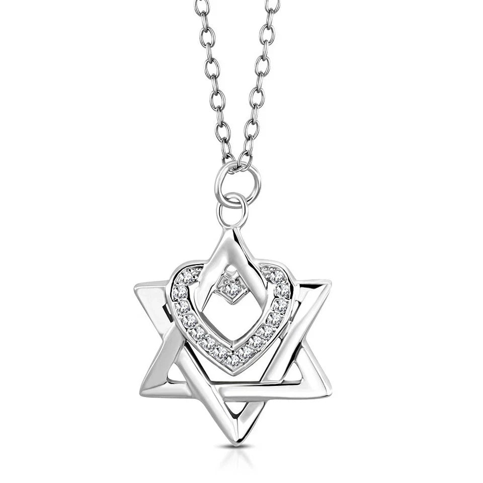 Sterling Silver White Clear CZ Jewish Star of David Love Heart Pendant Necklace
