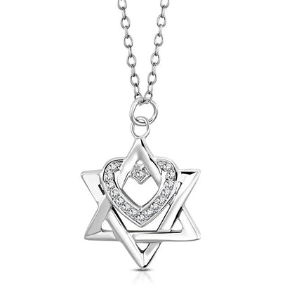 Sterling Silver White Clear CZ Jewish Star of David Love Heart Pendant Necklace