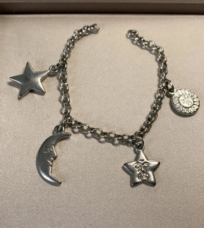 925 Sterling Silver Rolo Link Bracelet 4 Charms: 2 Stars, Moon, Sun Needs Repair