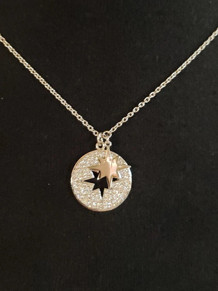 Sterling Silver STARBURST Necklace With Hanging Charm, Cubic Zirconia, NEW