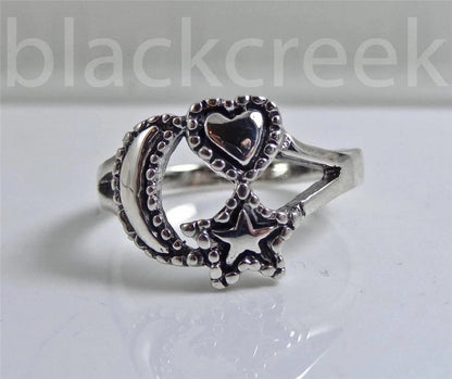 925 Sterling Silver ~ Lady's~ Star ~ Moon~ Heart ~ Ring ~ Size 5-12
