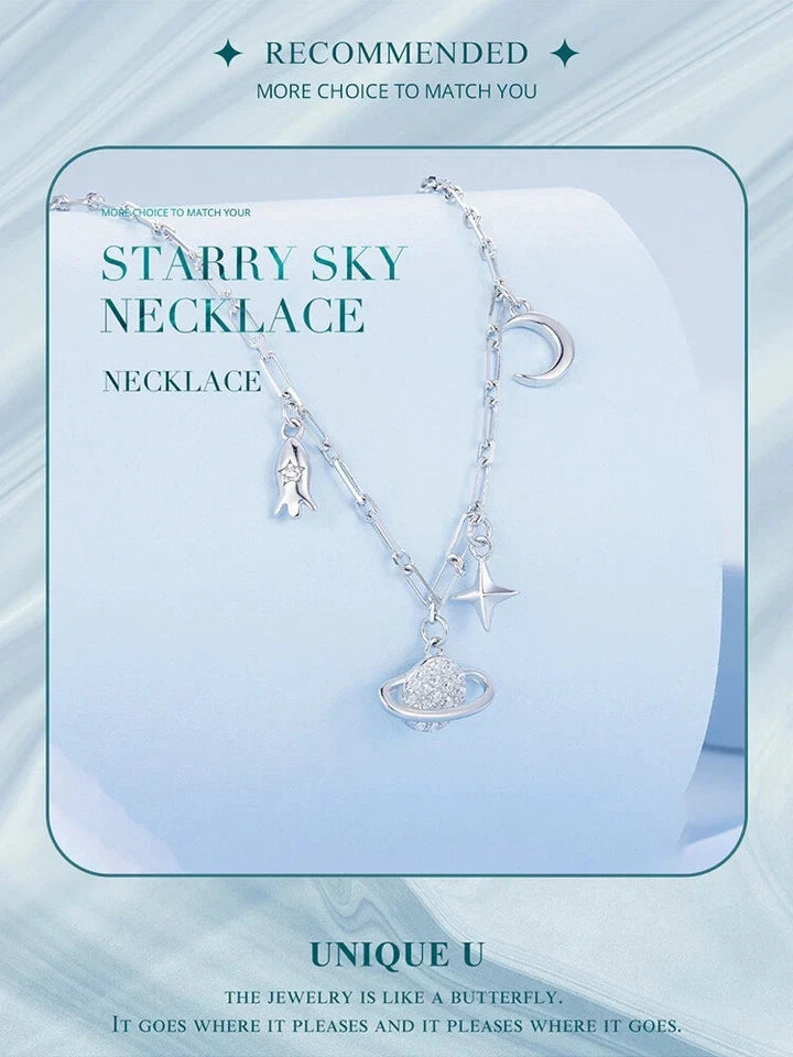 BAMOER 925 Sterling Silver Star Moon Rocket Necklace Gift Women Jewelry Wedding