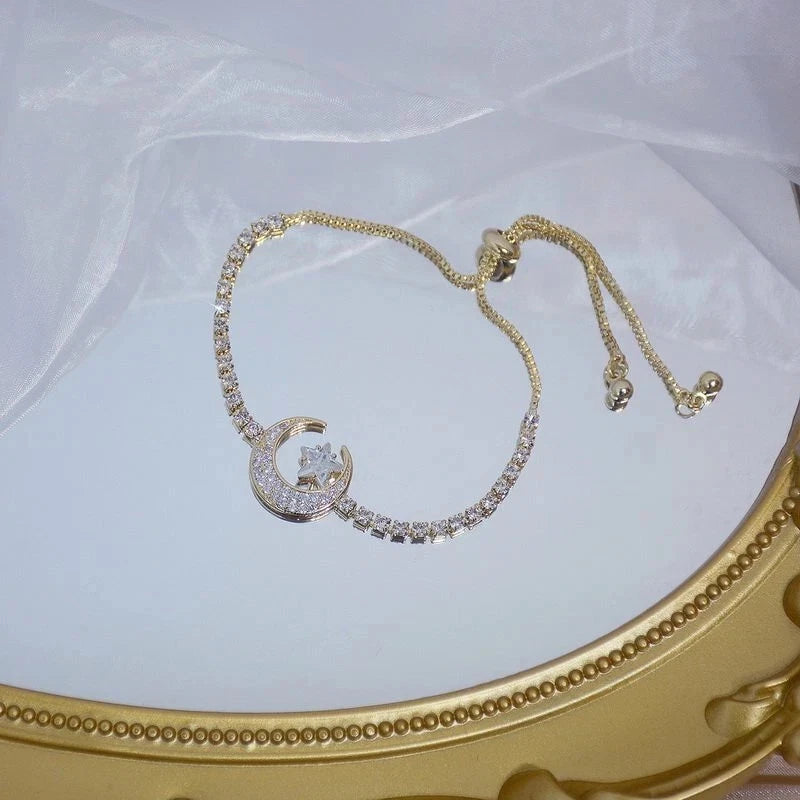 925 Silver Zircon Crystal Star Moon Bracelet Bangle Women Wedding Adjustable
