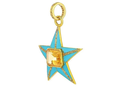 Sterling Silver Diamond With Yellow Sapphire Enamel Star Charm Pendant Jewelry
