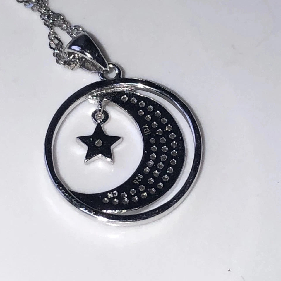 Crescent Moon Star 925 Necklace White Pavè Crystal with Dangling Charm 18-20”