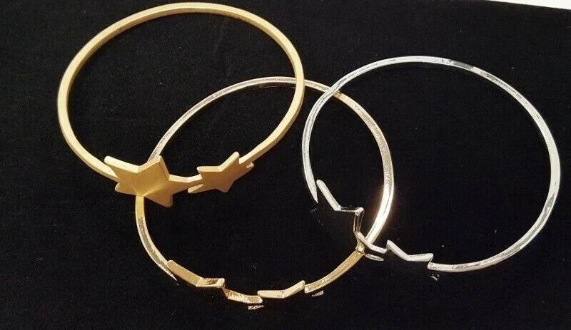 DUAL STAR SHINY GOLD, BRUSHED GOLD & SILVER 3 BANGLE BRACELET MATCHING SET V202