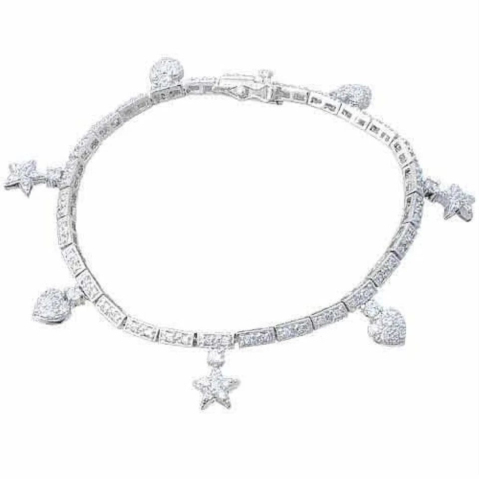 925 Silver CZ Dangling Heart & Stars Bracelet