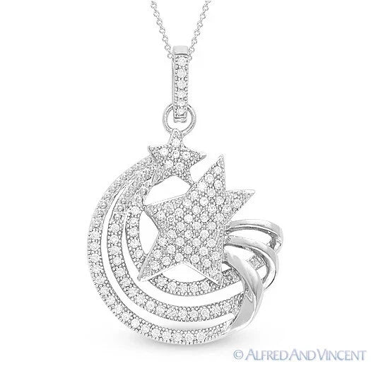 Shooting Star Charm Micro-Pave CZ Crystal Drop Pendant Sterling Silver Necklace