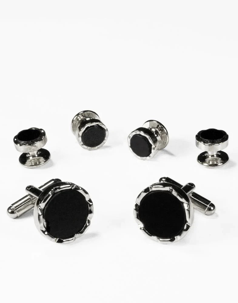 Black Circular Onyx with Diamond Cut Edge Studs and Cufflinks Set-0