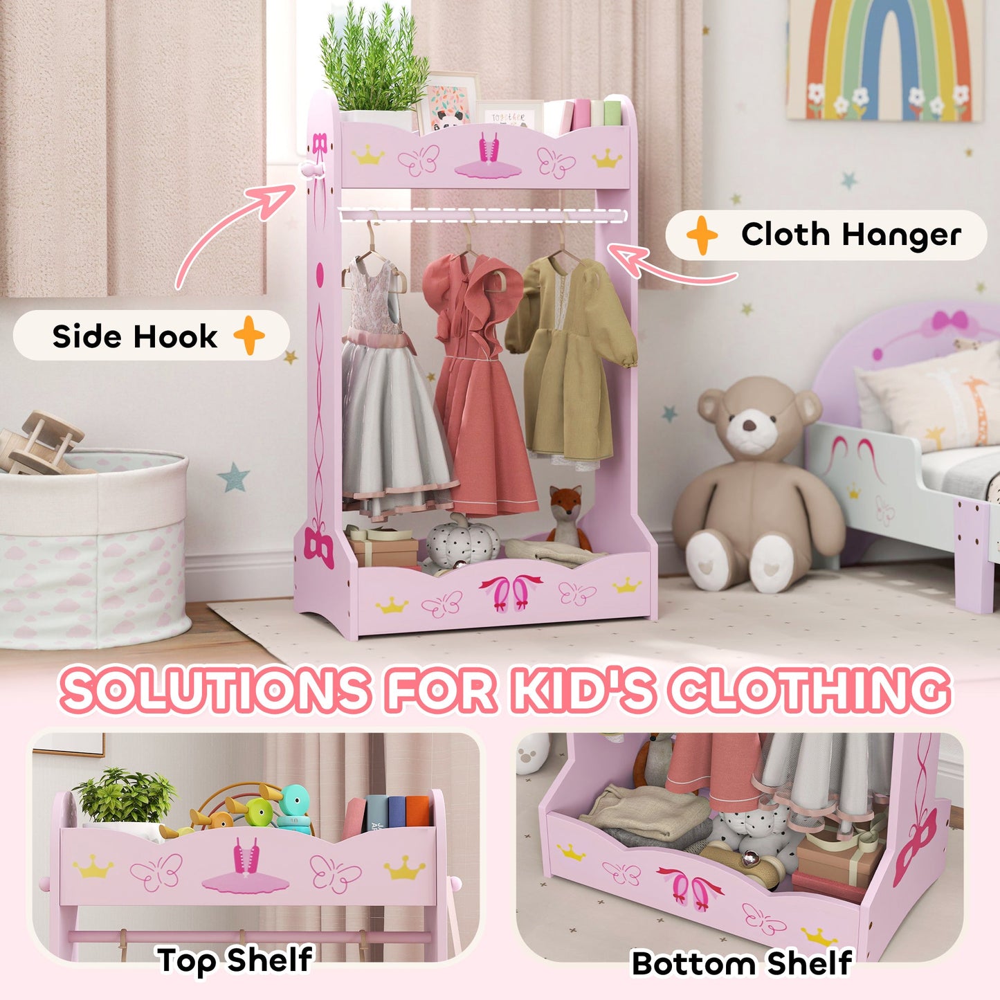 Kids Clothes Rail with 2 Storage Shelves MDF Pink for 3-8 Years